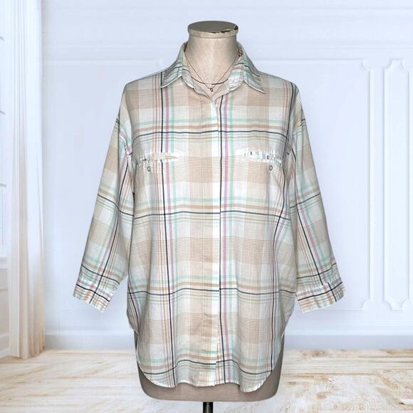 Vintage DIANE VON FURSTENBERG Button Up Blouse Top 3/4 Sleeve Plaid Pink Green S - Picture 1 of 10